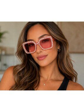 Pink Rhinestone Square Sunglasses Bling Statement Fashion Shades Mirror Lens